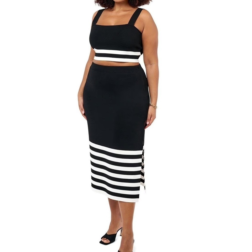 NWT Edited Remi Bader Knit Set Black White Striped Pencil Skirt Cropped‎ Tank 1X